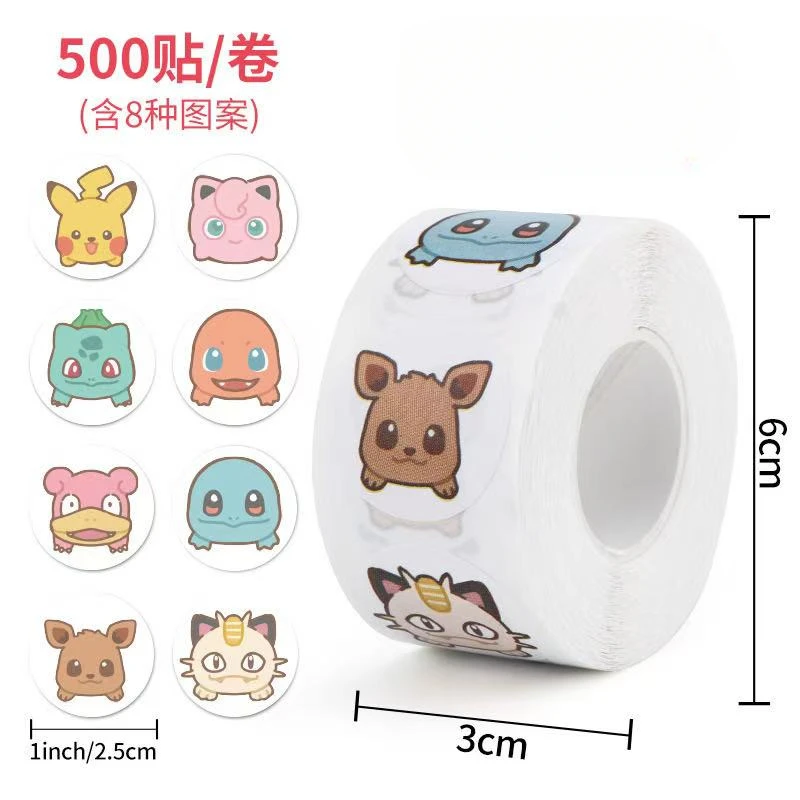 500PCS Anime Cute Pokemon Kawaii Pikachu Charizard Round Seal Stickers Rolls Stickers Graffiti Luggage Stickers Toys