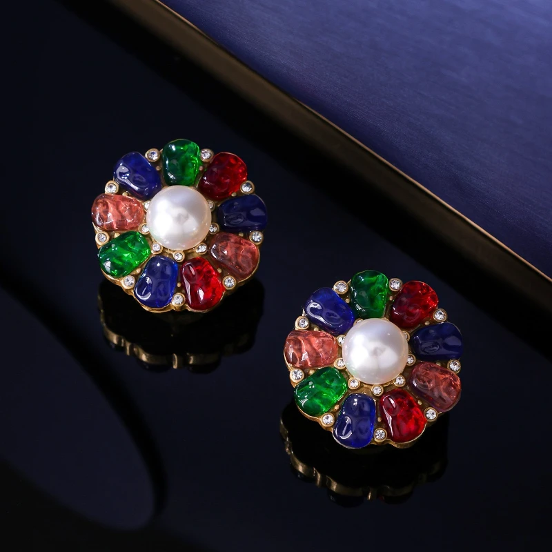 Retro Colorful Flower Resin Earrings Inlaid Shiny Rhinestones Elegant Banquet Jewelry Gift for Women