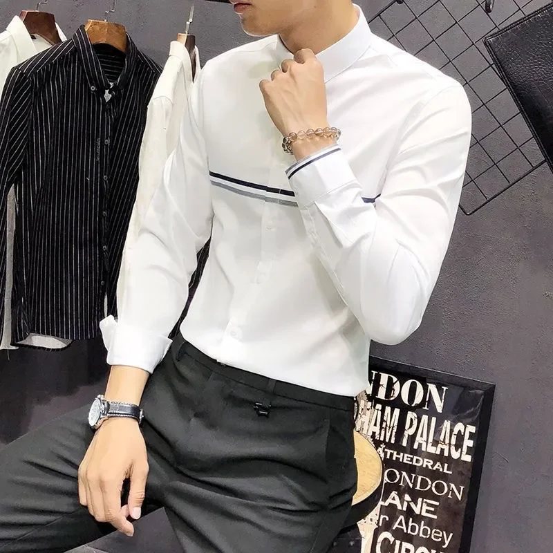 

Мужская рубашка с воротником-мандарином, длинным рукавом, контрастными полосками, приталенного кроя, для повседневной и деловой носки