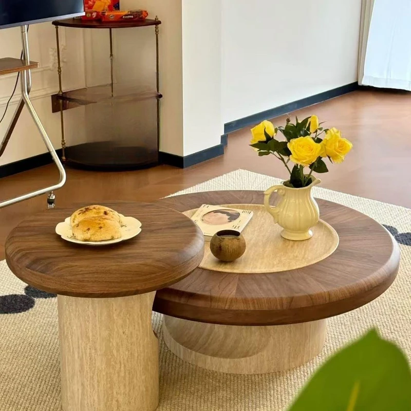 Simple modern travertine texture coffee table living room household round medium ancient style solid wood light