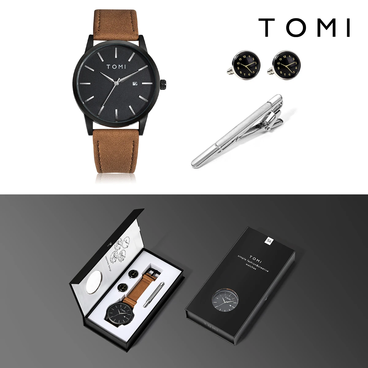 Hot Selling TOMI Men\'s 4PCS Gift Box Set Watch Minimalist Casual Men\'s Quartz Watch Tie Clip Sleeve Buckle Clock Gift Relojes