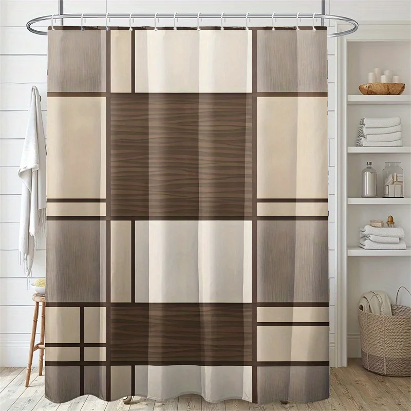 1pc Brown and Beige Checkered Print Polyester Shower Curtain, Bathroom Decor & Accessories, Printed Room Divider for Home Decora