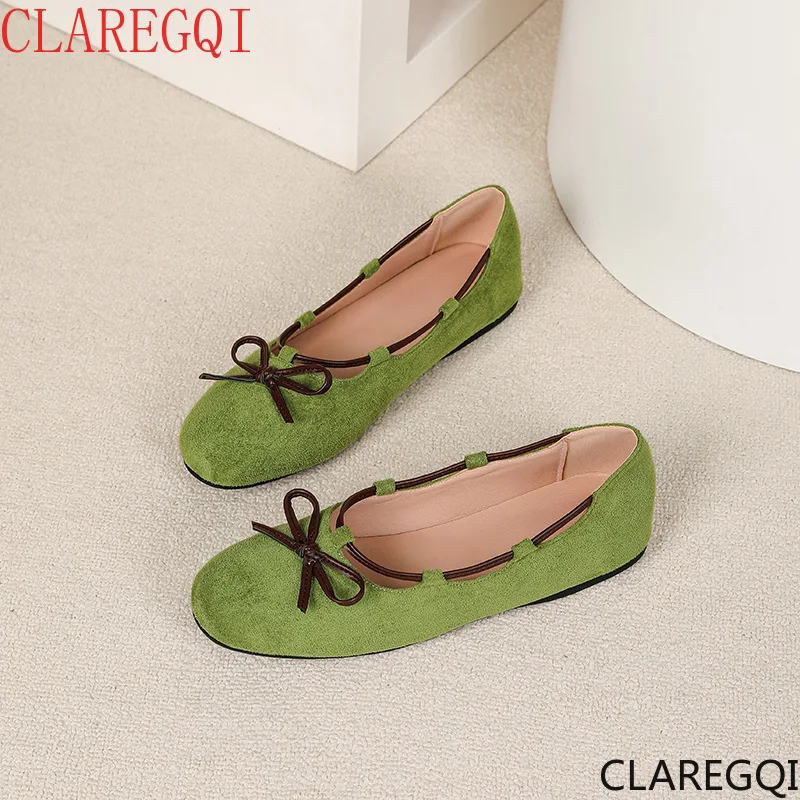 Round headed color blocked bow women's single shoes, shallow ballet shoes, high-end temperament, comfortable and versatile