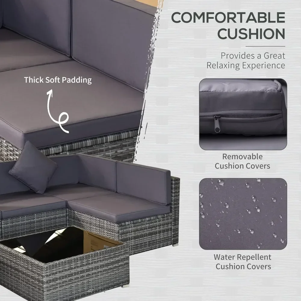 7-piece Patio outdoor all-weather PE rattan segmented sofa set, with soft cushion and tempered glass tabletop, gray