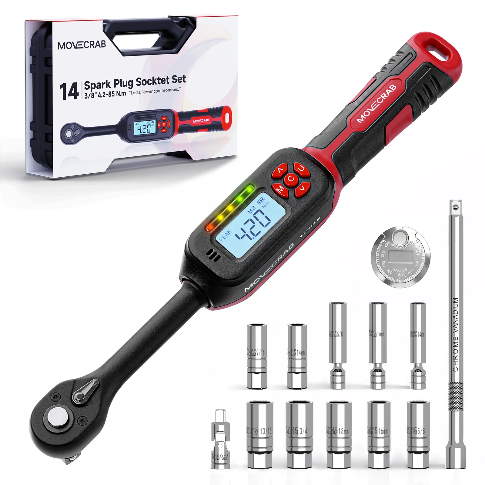 Chiave dinamometrica digitale MoveCrab 0,6-340 Nm ±2% Cicalino a cricchetto a doppia direzione ad alta precisione e allarme LED per misurazioni di precisione