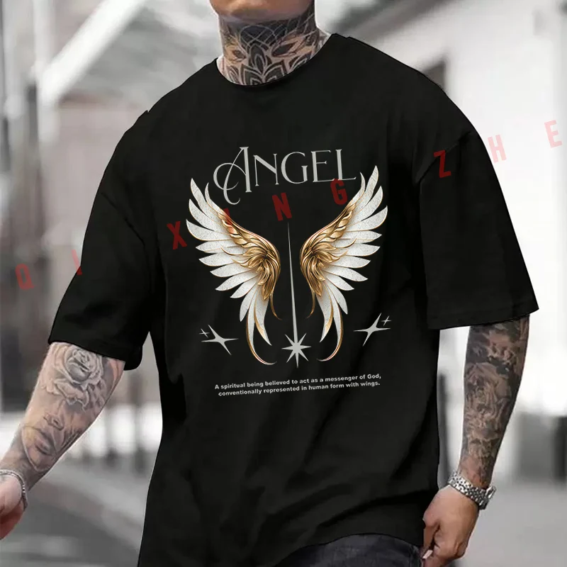 Angel Creative Disign Motorcycle Printed T-Shirt Men's Fashion Short Sleeve Exquisite Design Essential Top Tees