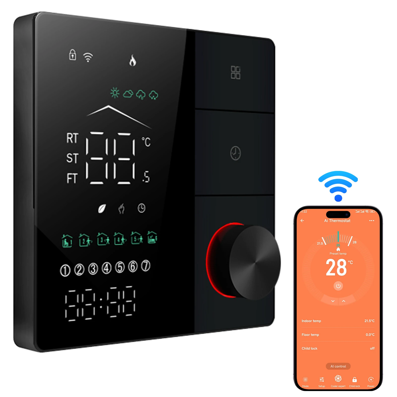 LED Digital Touch Screen Smart Thermostat for House Electric Floor Heating WiFi AC thermostat with AI Smart Learning APP Control
