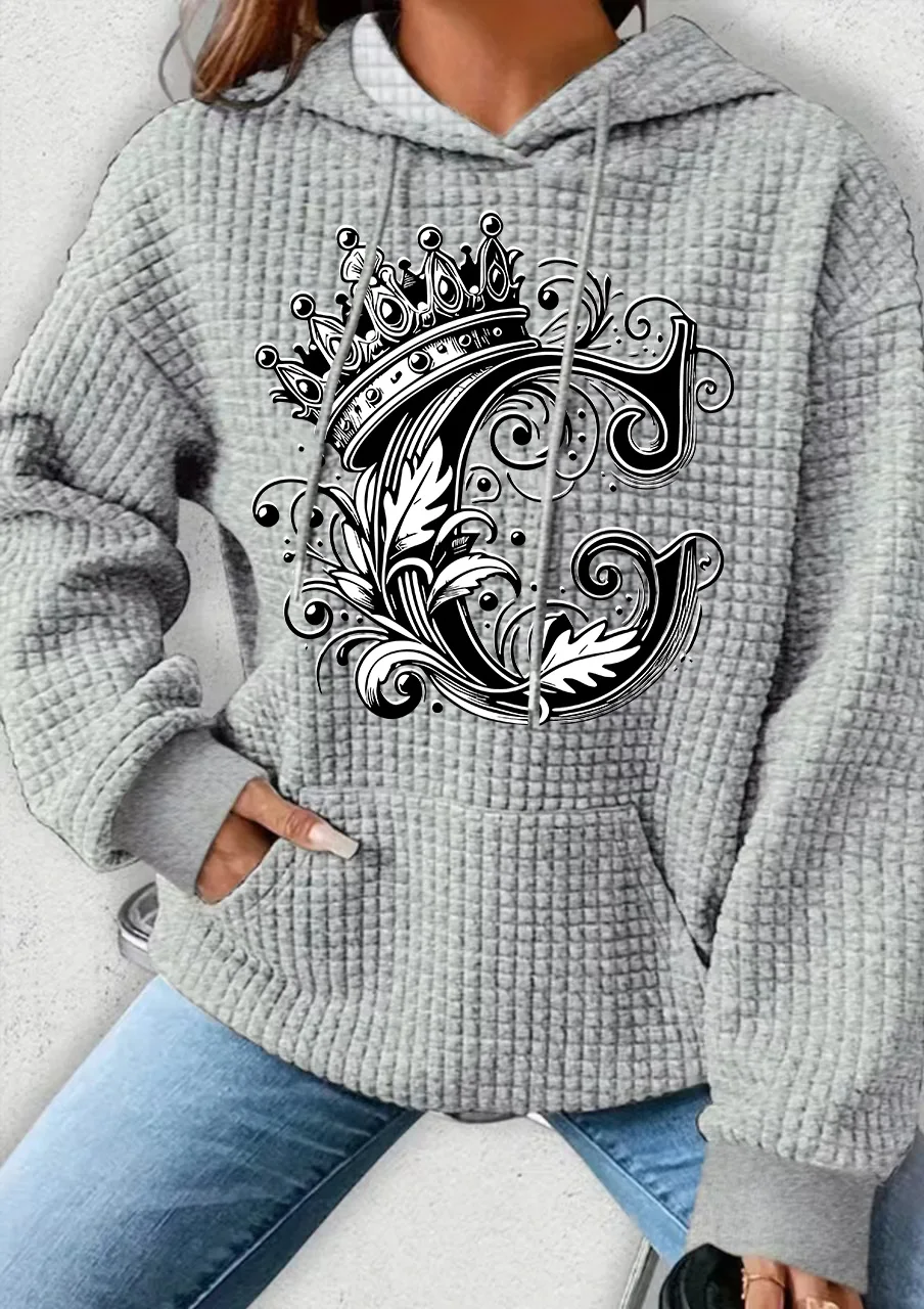 Plus Size Women Clothing Waffle Knit Tops For Women Crown Letter Flower Print Oversize Hoodies for Women With Pocket Sweatshirt