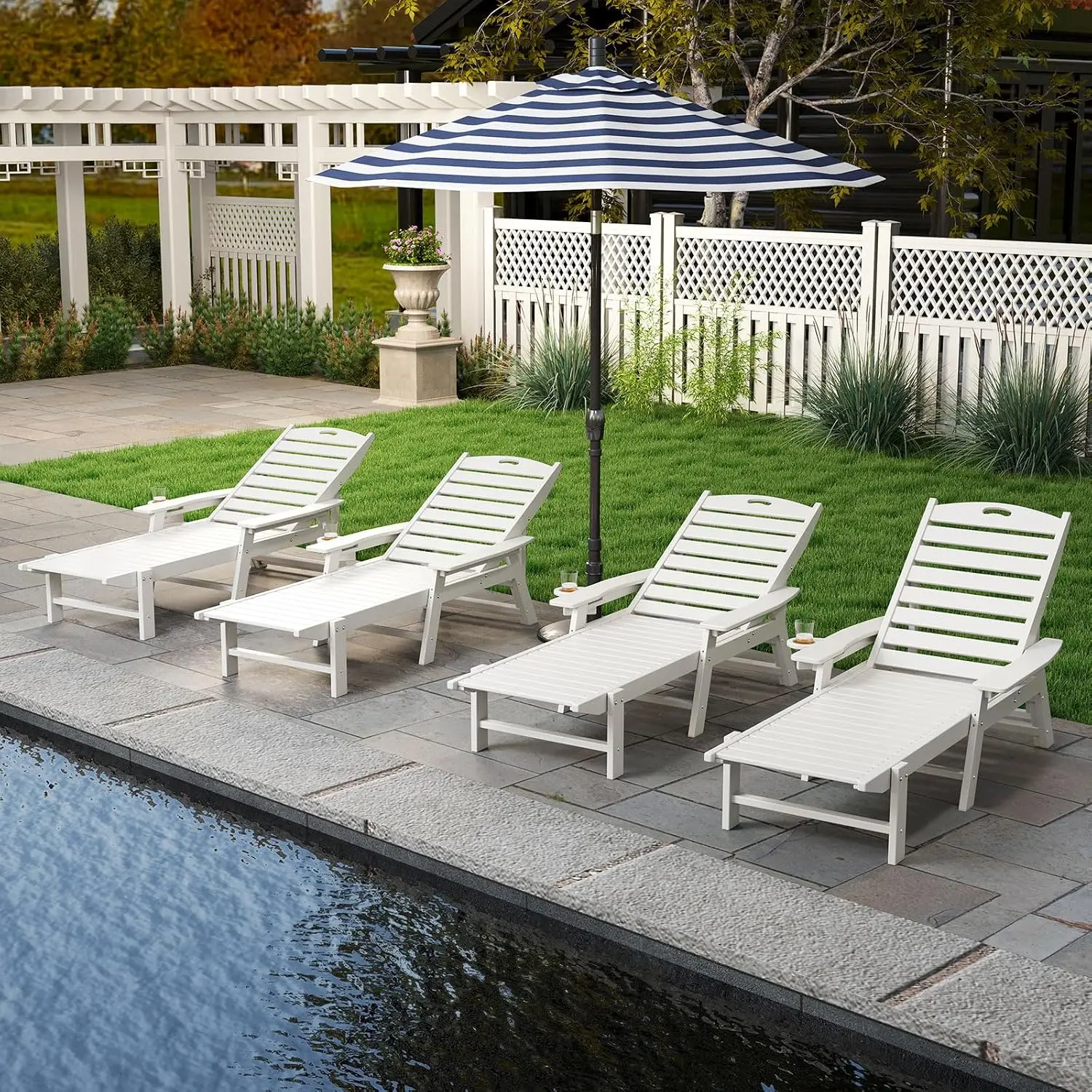 Oversized Outdoor Chaise Lounge with 4-Position Backrest, Rotating Cup Holder, Weatherproof HDPE Recliner, White, Customized