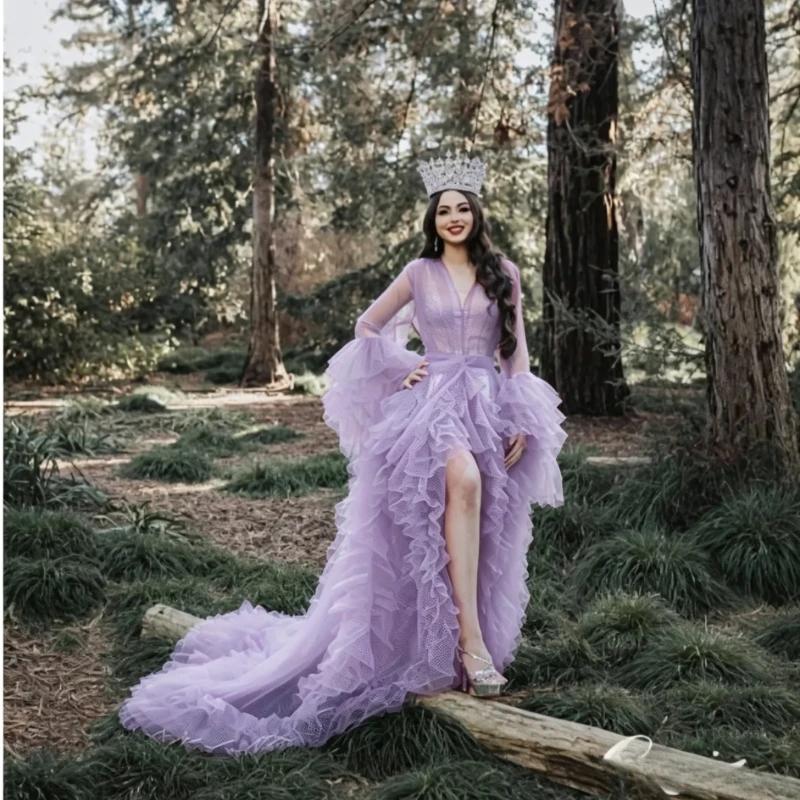 Flowy Tulle Photoshoot Dress, Puffy Bishop Sleeve Open Front Wrap Gown with High Slit Long Train, Sheer Layered Maxi for Shoot
