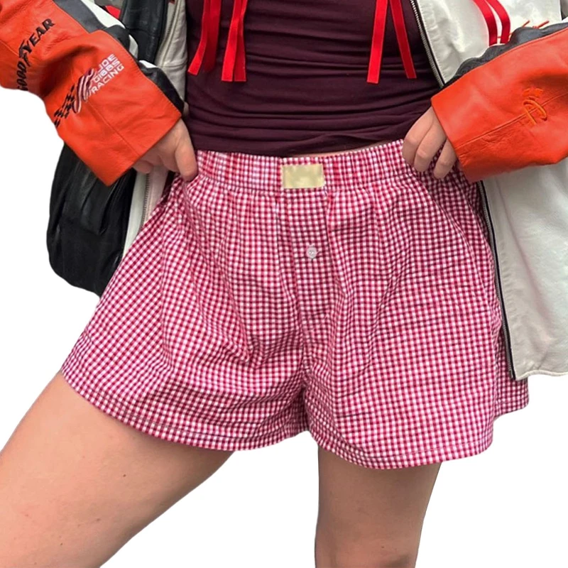 00s Retro Aesthetic Boyshorts Y2K Streetwear Women Striped Plaid Print Shorts Elastic Low Waist Button Front Lounge Sweatshorts