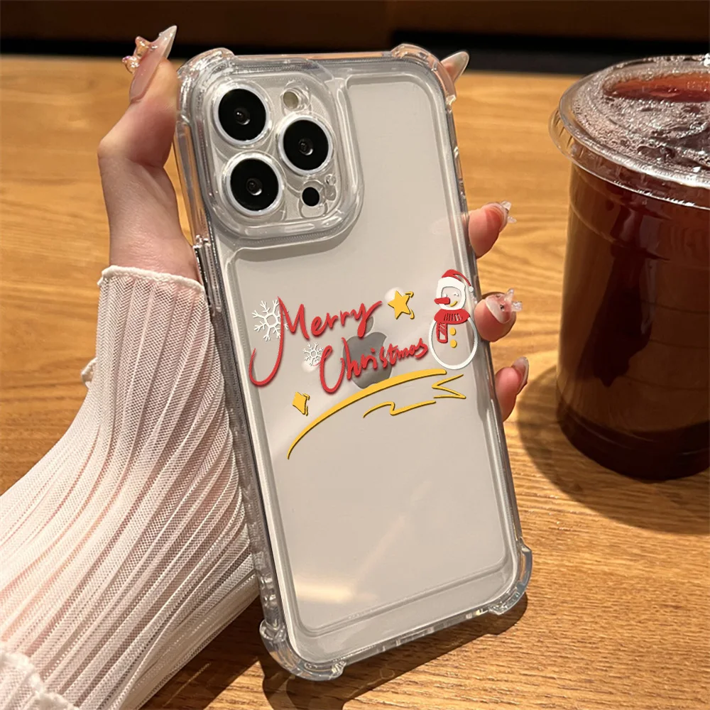 Merry Christmas Phone Case for iPhone 15 14 13 Pro Max Mini XR XSMax 7 8 Plus SE 12 11 Transparent Shockproof Hard Back Fundas