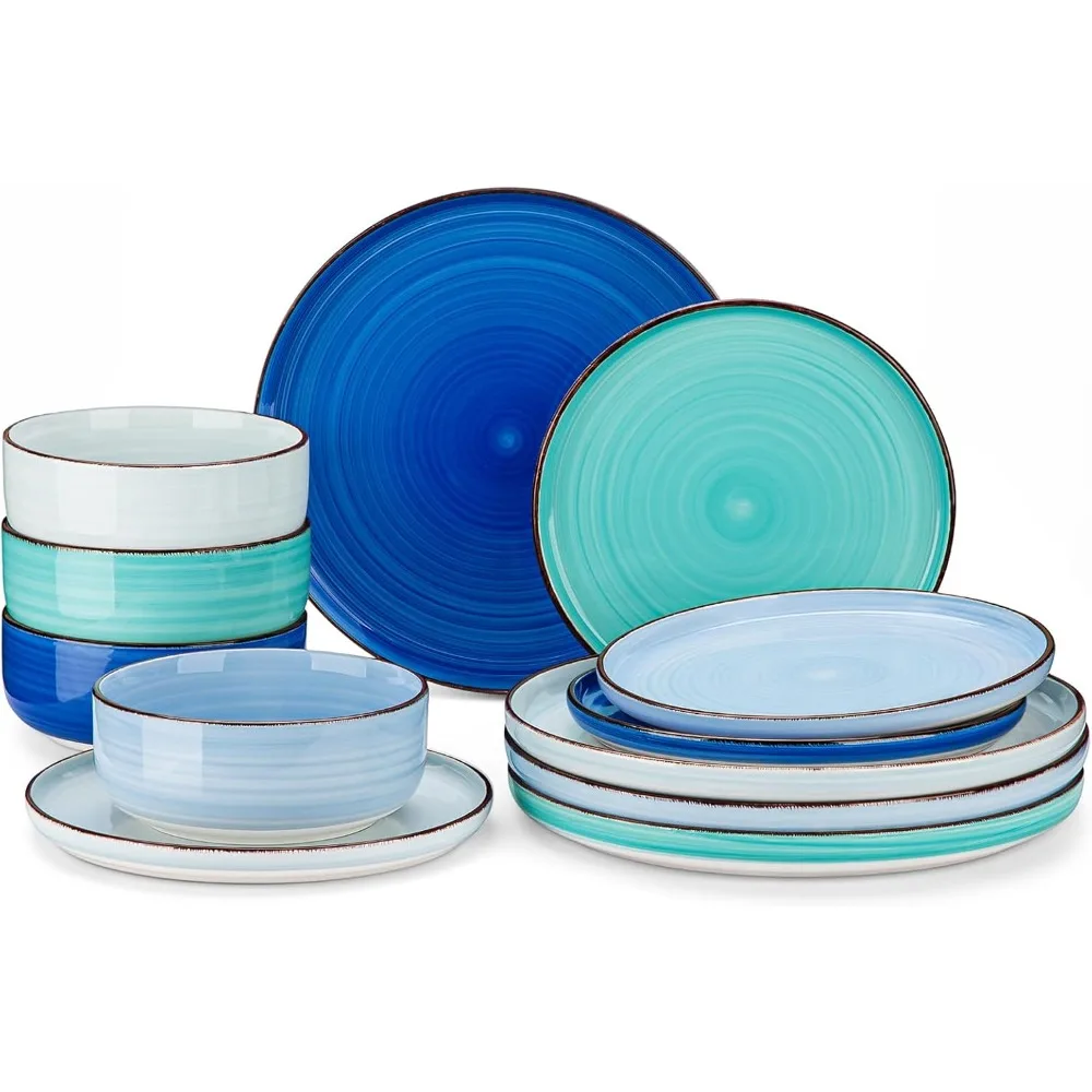 

Bonita Blue Dinnerware Sets, Plates and Bowls Set for 4, 12 Pieces Stoneware Dinnerware Set, Dishwasher and Microwave S