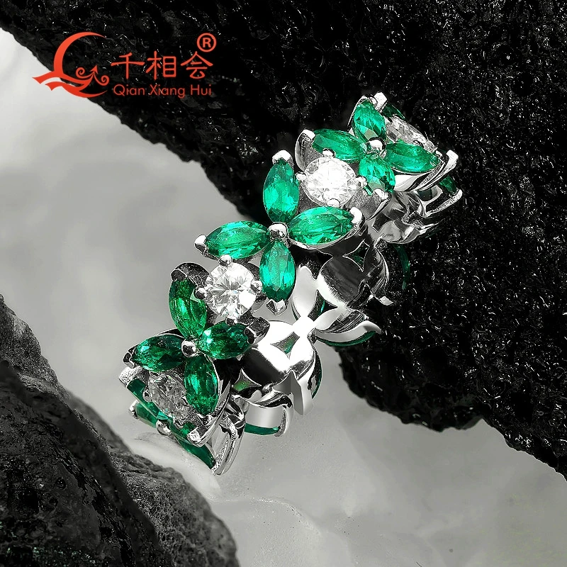 925 silver 4-leaf grass green lab grwon Emerald stone with D vvs moissanite   Eternity Band jewelry Engagement Party Gifts