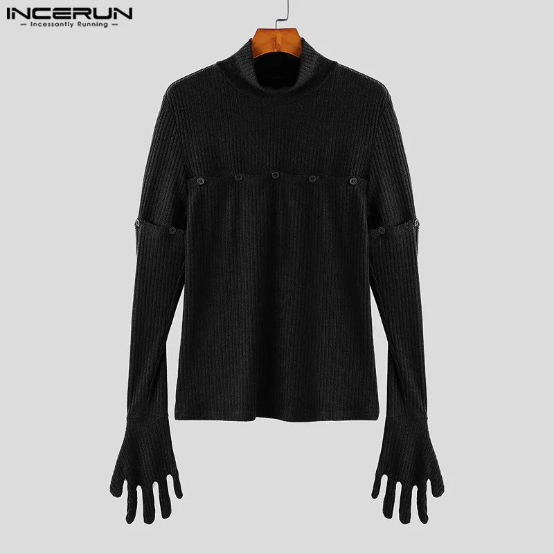 Fashion Casual Style Tops INCERUN New Mens High Neck Striped Detachable Thimble T-shirts Autumn Male Solid Long Sleeved Camiseta