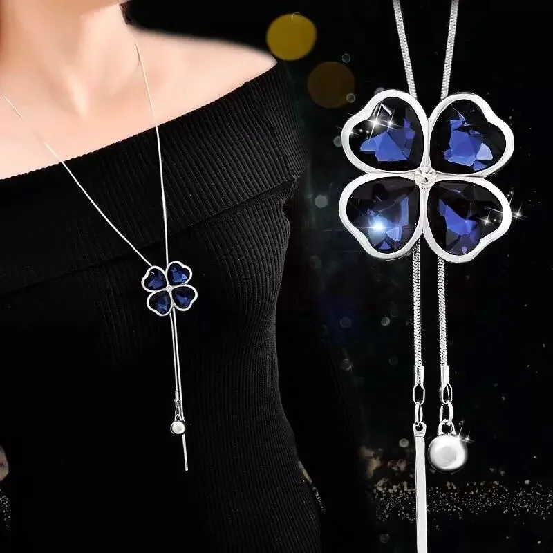 Four leaves Gray Blue Crystal Pendant Long Necklace Gold&Silver Color Women Lady Sweater Chain Jewelry Bijoux Gifts