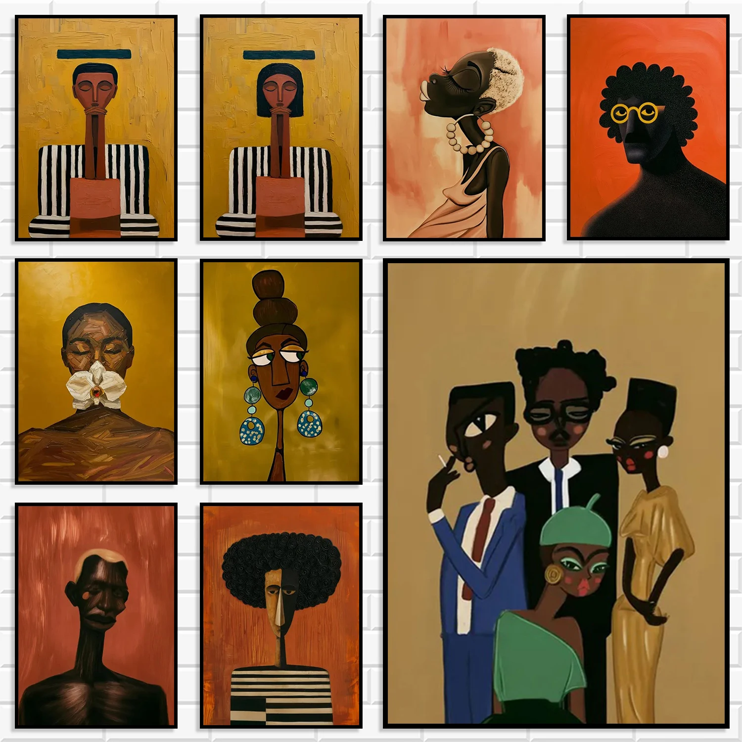Retro Ethnic African American Portrait Wall Art Set Abstract Black Figure Canvas Posters Modern Aesthetic Prints for Home Decor