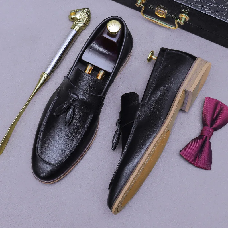 Men Tassel Genuine Leather Loafers Two Tone Burnish Square Toe Low Block Heel Slip On Formal Dress Shoes for Business Daily Wear - view 5
