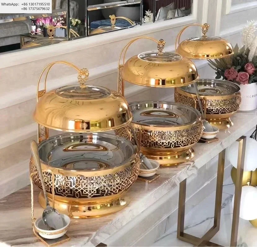 Luxury Gold Round Hanging Chafing Dishes Hotel Wedding Buffet Equipment Dishes