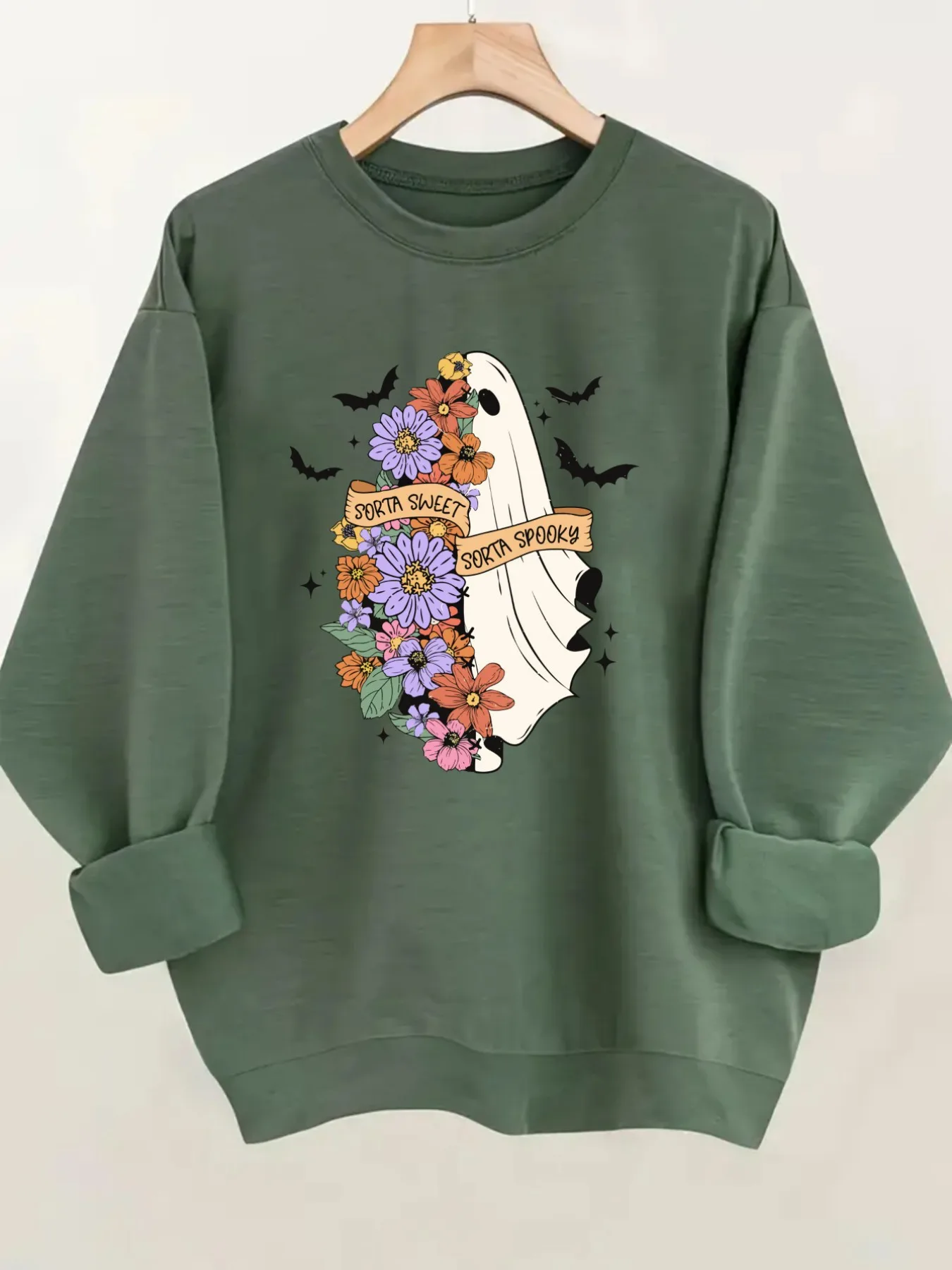 Women's Crewneck Pullover Sweatshirt Floral Ghost Design Design, Soft Casual Long Sleeve, Daily Casual Top Outfit, Winter Women's Clothing, Halloween Costume Outfit