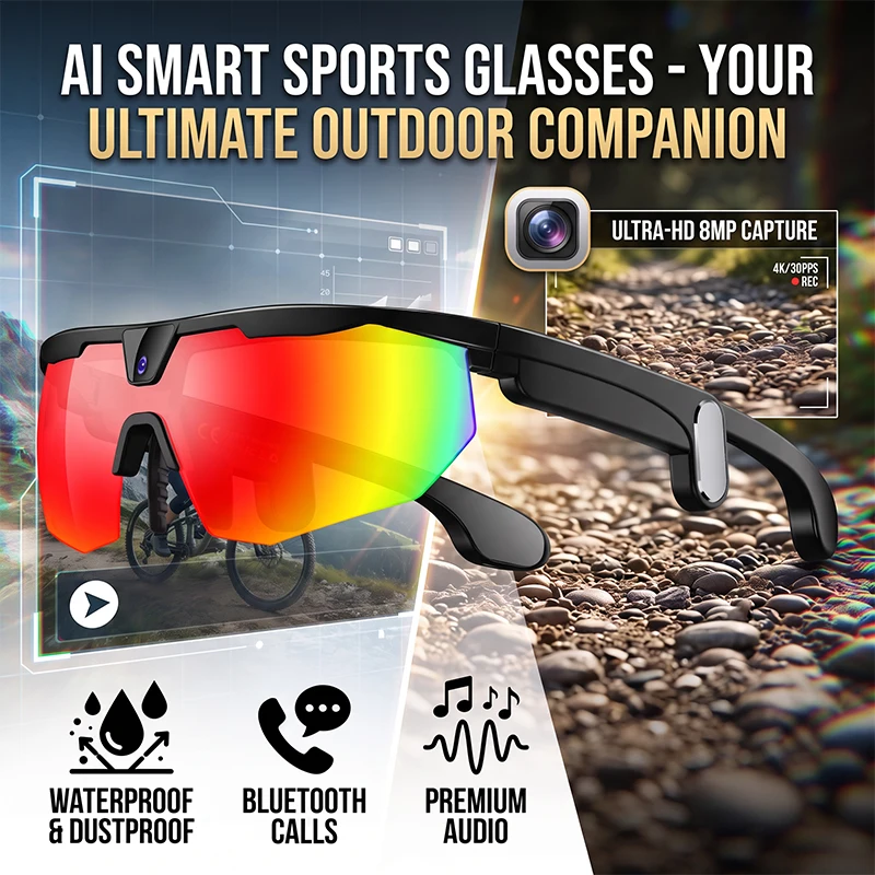 AI Smart Translator Glasses With 8MP Camera 2026 Outdoor Sports Cycling Headphones Touch Control Windproof Bluetooth Sunglasses