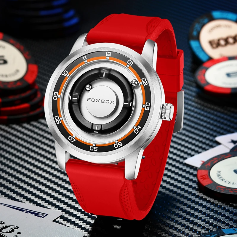 FOXBOX New Men Watch Fashion Red Silicone Waterproof Scrolling Pointer Magnetic Force Quartz Watches For Men Relogio Masculino