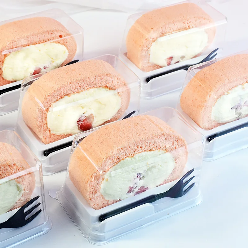 50Pcs Roll Cake Box Containers with Spoon Carriers for Transport Clear Bundt Cake Holder Swiss Roll Container Muffin Pastry