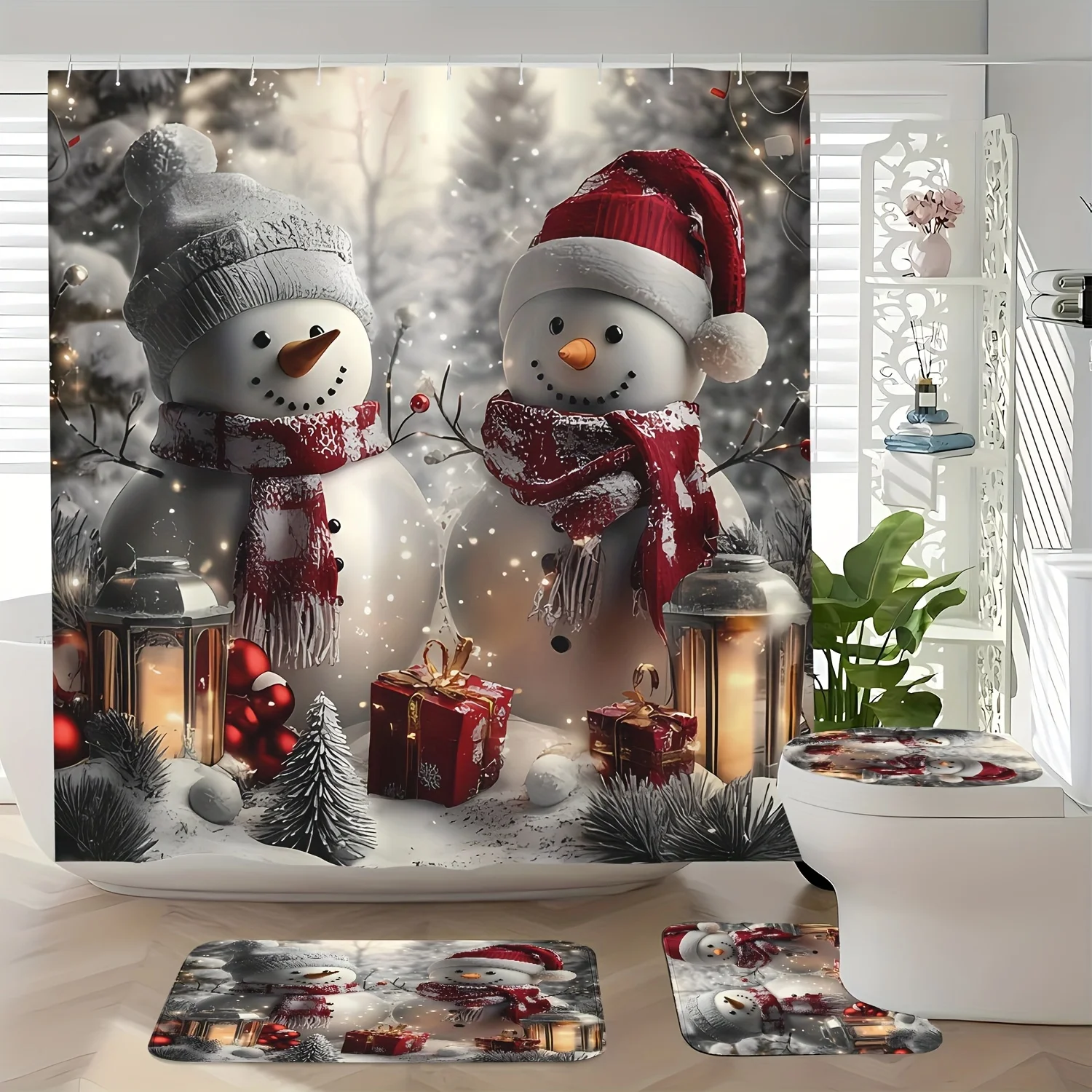 4Pcs Xmas Shower Set – Snowman Pine Tree,Waterproof Curtain,Mat,Toilet Cover,Non-Slip U-Pad,Christmas Gift,Winter Bathroom Decor