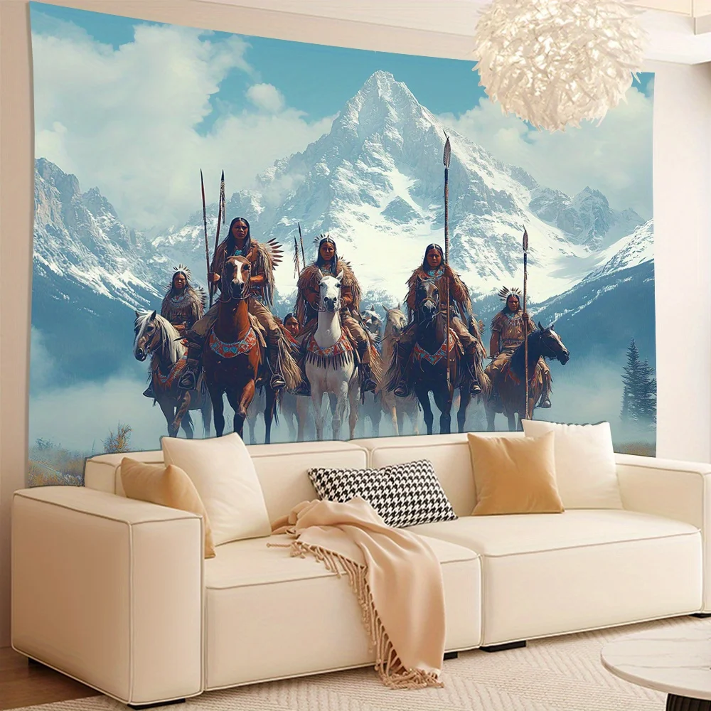 Epic Mountain Tapestry: Native Warriors on Horseback for a Dramatic Living Room Decor