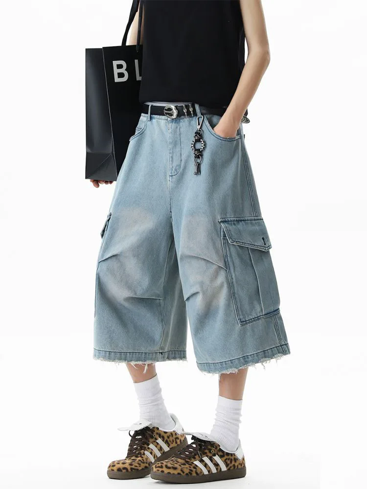 Men's Summer Large Pocket Design Shorts Vintage Wide Leg Cropped Pants Cool Boy Casual Bottom Male High Waist Half Trousers
