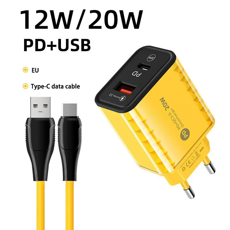 20w Ultra Fast Dual Port PD Charger Charging Head Żółta przezroczysta głowica szybkiego ładowania A C odpowiednia dla Xiaomi Oppo Apple EU US