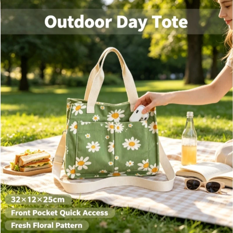 Fashion Corduroy Eco Bag, Large Capacity Simple Commuter Shoulder Bag, Portable Travel Handheld Book Storage Women Tote Bag view 2
