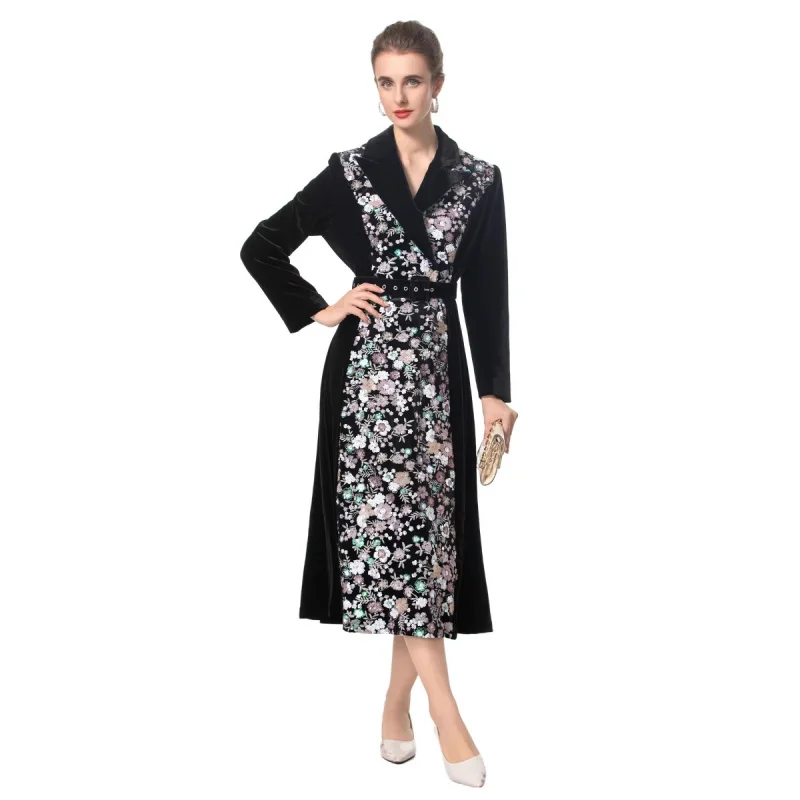 

2024Autumn Winter New Women's French Style Light Luxury Elegant Printed Belt Fashion Dress