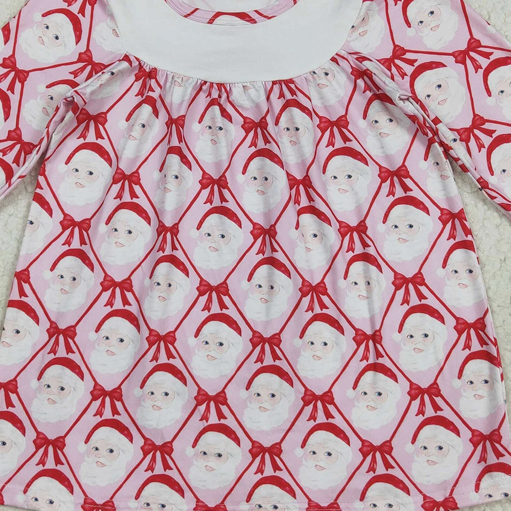 فستان للفتيات الصغيرات لعيد الميلاد منقوش بطول الركبة وردي بأكمام طويلة وتفاصيل فيونكة سانتا فستان عطلة للأطفال منقوش باللون الأحمر #3