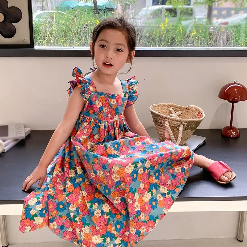 Summer Girls Floral Print Waist Puffy Dress Korean Style Fashion Party Clothes Small Flying Sleeves Cute Princess Dress