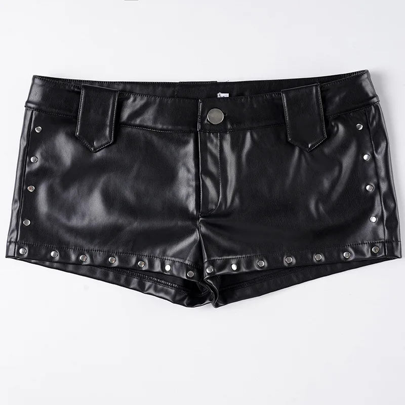 กางเกงขาสั้นหนังเทียมสไตล์พังก์ไบค์เกอร์ ประดับหมุด ตกแต่งกระดุม ทรงสลิมเอวต่ำ สไตล์แฟชั่น Y2K สตรีทแวร์