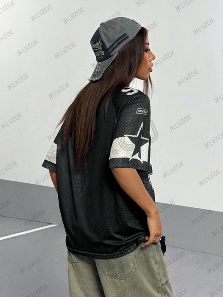 Summer New Black Speed 91 Print T-Shirt For Women V-Neck Patchwork Short Sleeve Sports Football Jersey Y2K Loose Oversized Tops