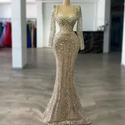 Elegant Long Sleeves Beading Evening Dresses Mermaid Pearls Prom Birthday Engagement Thanksgiving Gowns 2024 Wedding Party Dress