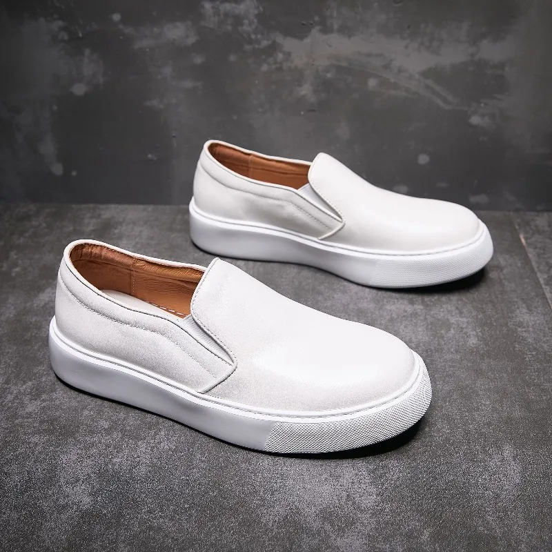 Men Genuine Leather Slip on Loafers Elastic Side Thick Platform Sole Vintage Daily Walking Casual Shoes