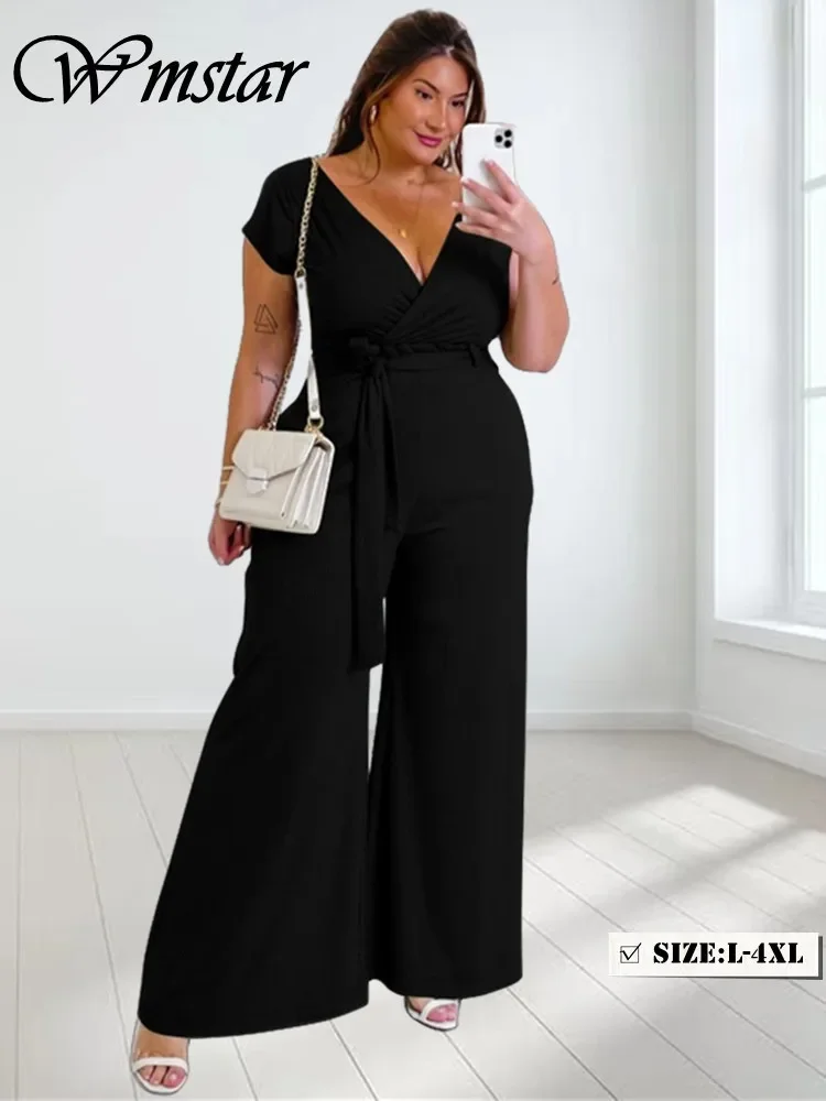 Wmstar Plus Size Women Clothes Jumpsuit Solid Off Shoulder with Bandage Summer Beach V Neck New Style Wholesale Dropshipping