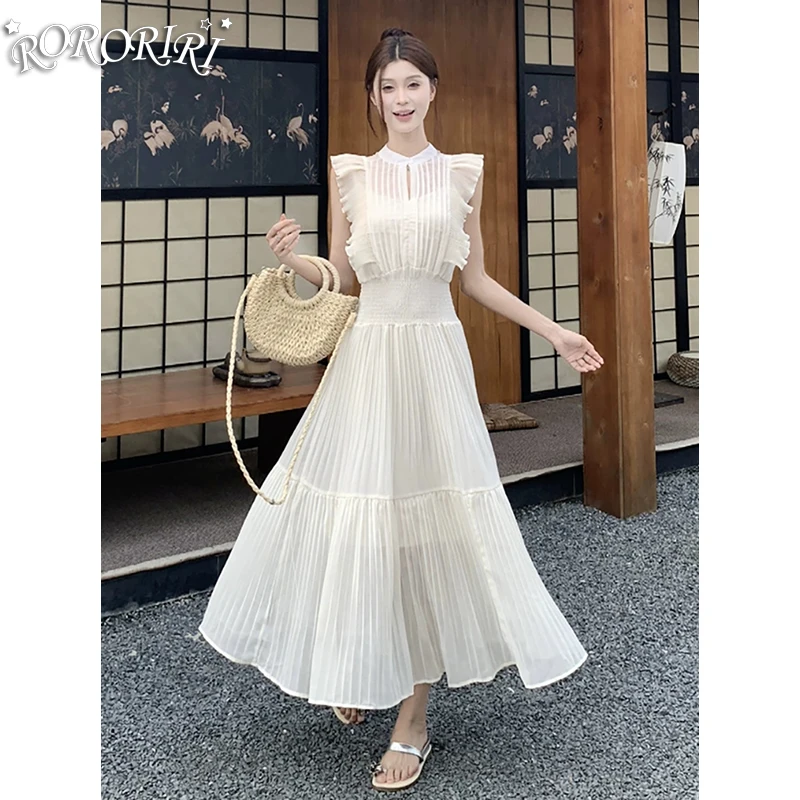 RORIRI Fairycore شير الشيفون فستان طويل المرأة الصلبة قطع يطير الأكمام ألف خط أنيقة مطوي فستان الكورية عطلة الملابس