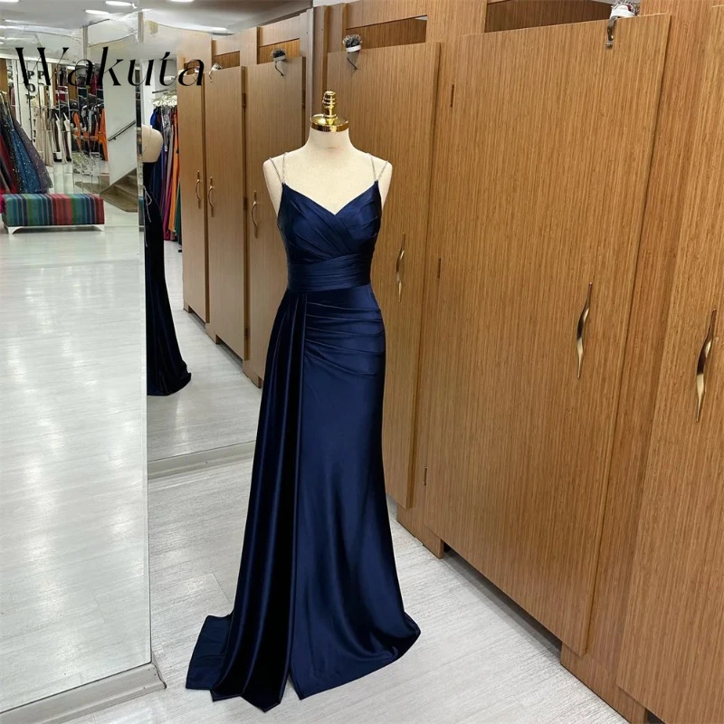 Wakuta Solid V-neck Sleeveless Evening Vestidos Long Pleated Chiffon Gowns with A Slim Fit Sparkling Dance Robe Elegante Mujer