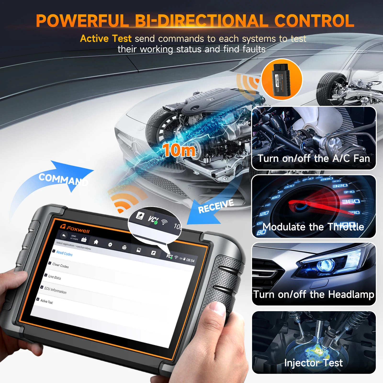 FOXWELL-herramienta de diagnóstico de coche NT809BT, escáner automotriz OBD2 con Bluetooth, todos los sistemas de prueba bidireccional, lector de