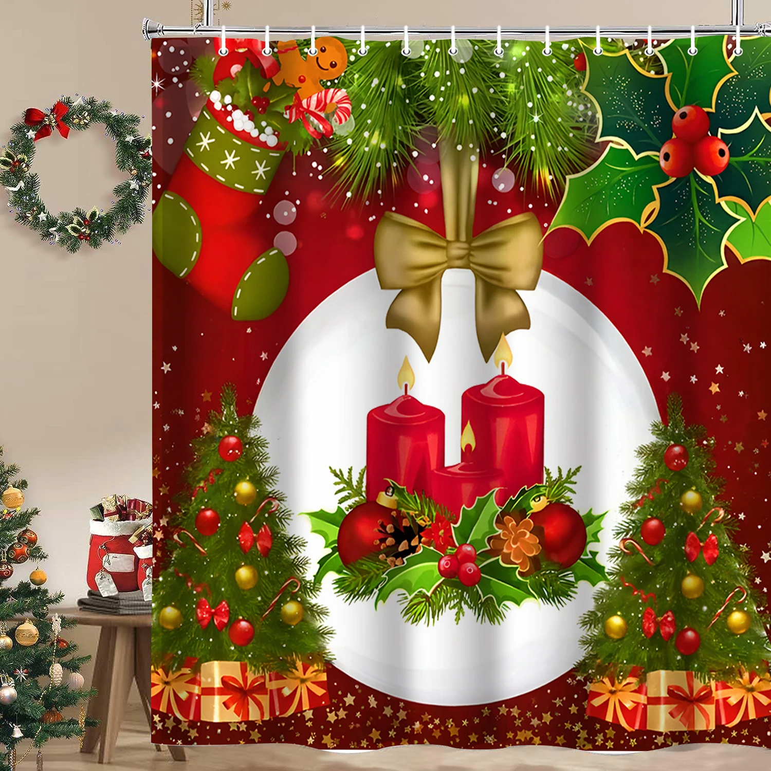 Christmas Tree Stocking Bells Print Bathing Curtain  Bathroom Shower Curtain With 12 Hooks bathroom home decor and accessories