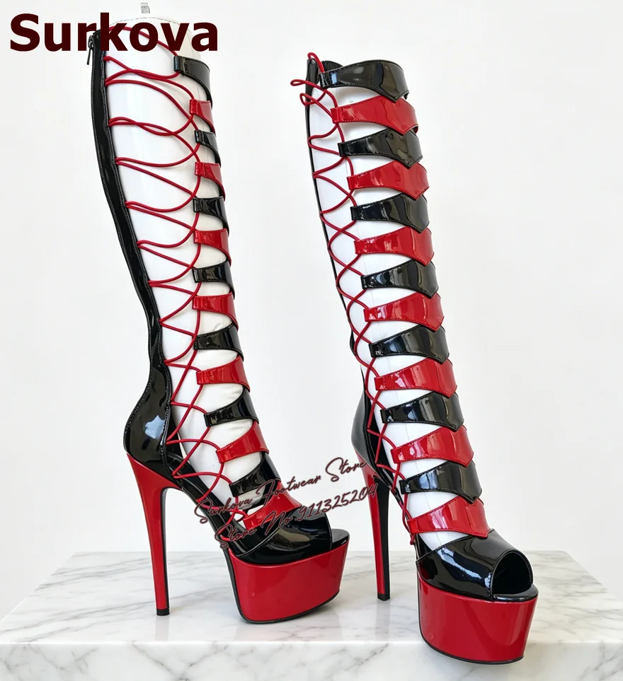 Red Black Mirror Leather Caged Knee High Cool Boots Stiletto Heels Platform Thin Strappy Hollow Out Long Sandals Summer Boots