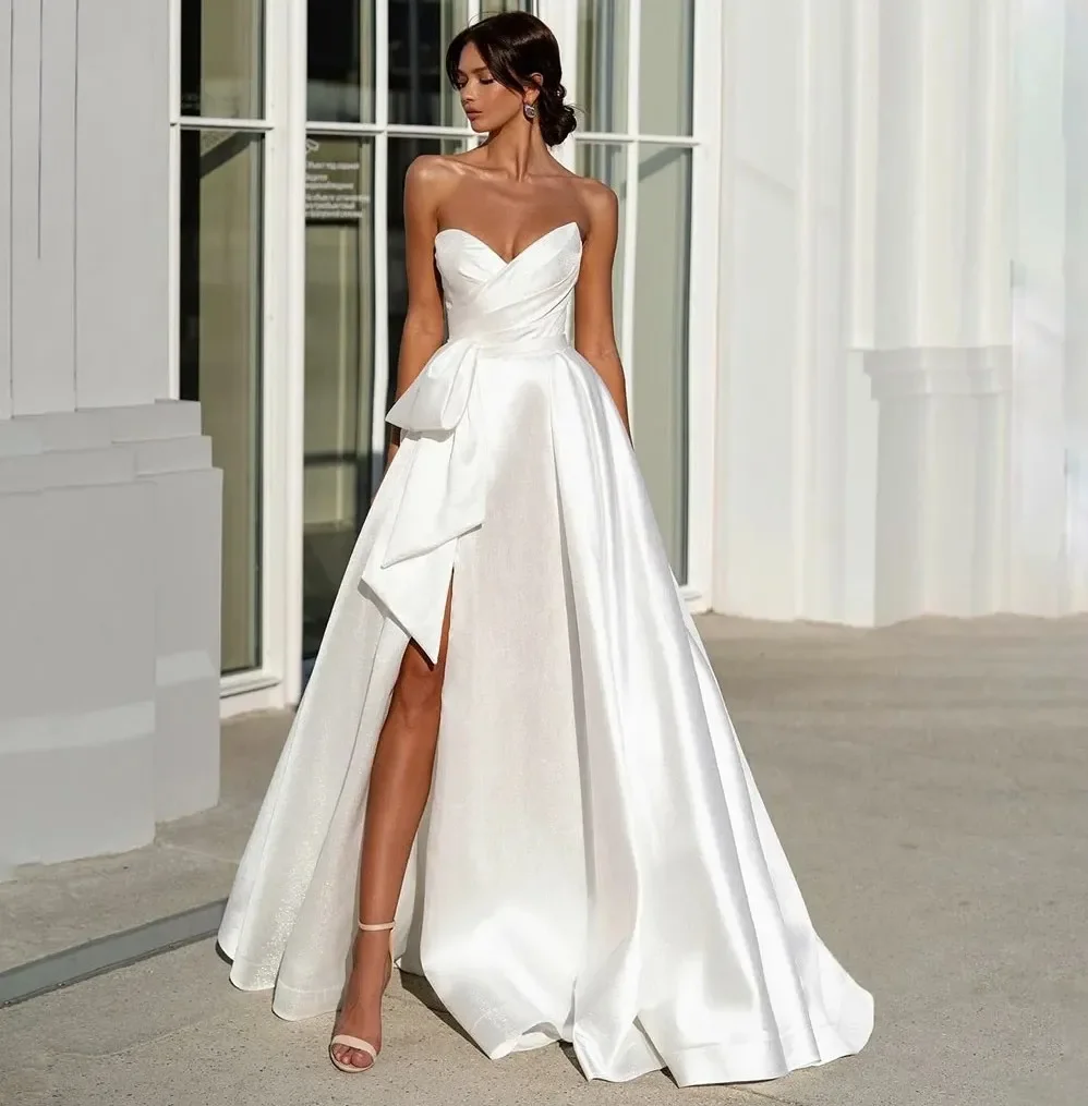 

Elegant Sweetheart Wedding Dresses A Line Sleeveless Pleats Ivory Satin Long Bridal Gowns With Side Split Vestido De Novia 2024