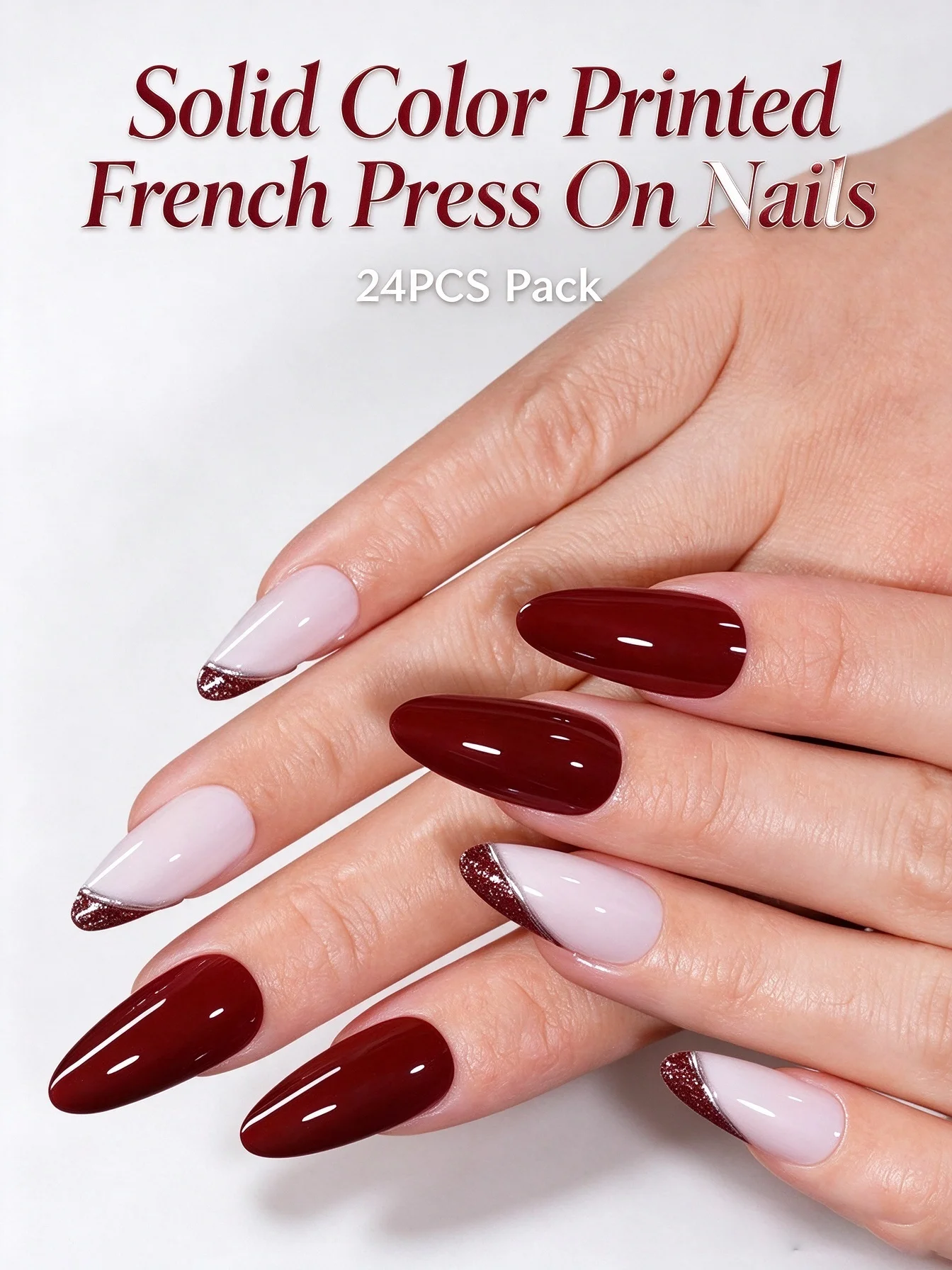 24PCS Solid Color Printed French Press on Nails Simple Finished Removable Reusable Fake Nails with Rubbing Powder Nail Tip