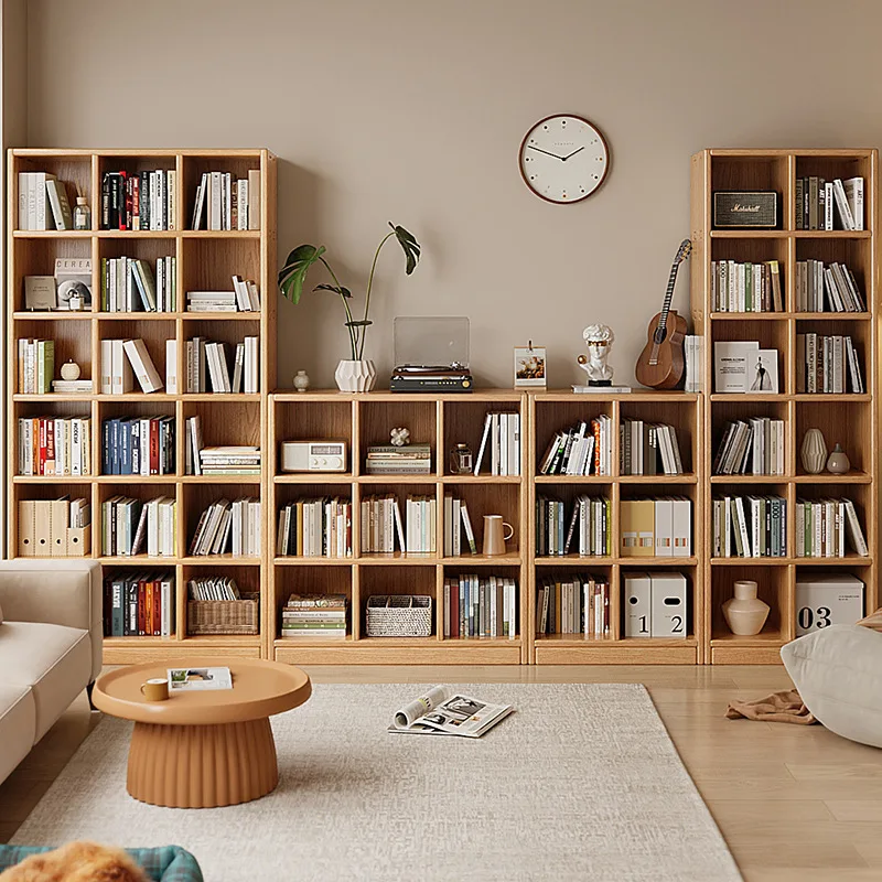 All solid wood one-wall bookcases go to the living room, fill the wall, high and low bookshelves are integrated, and store again
