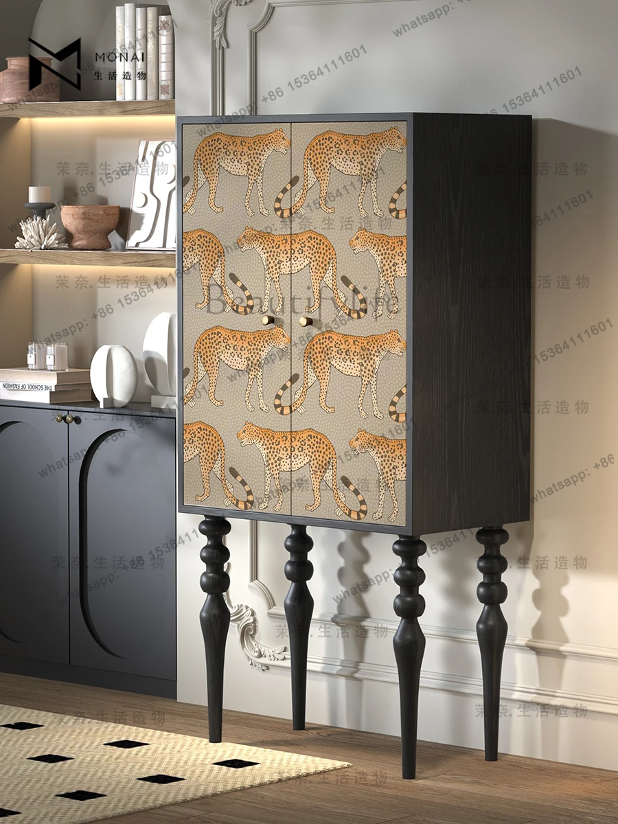 

American retro leopard picture solid wood chest storage cabinet bedroom living room high-footed cabinet