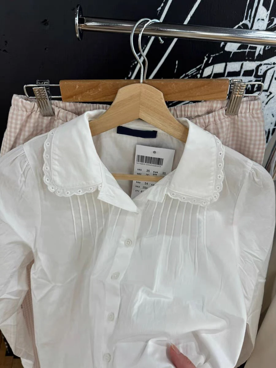 レーストリム白ひだブラウス女性ターンダウン襟シングルブレスト綿長袖シャツ固体ベーシックカジュアルブラウス Y2k トップ